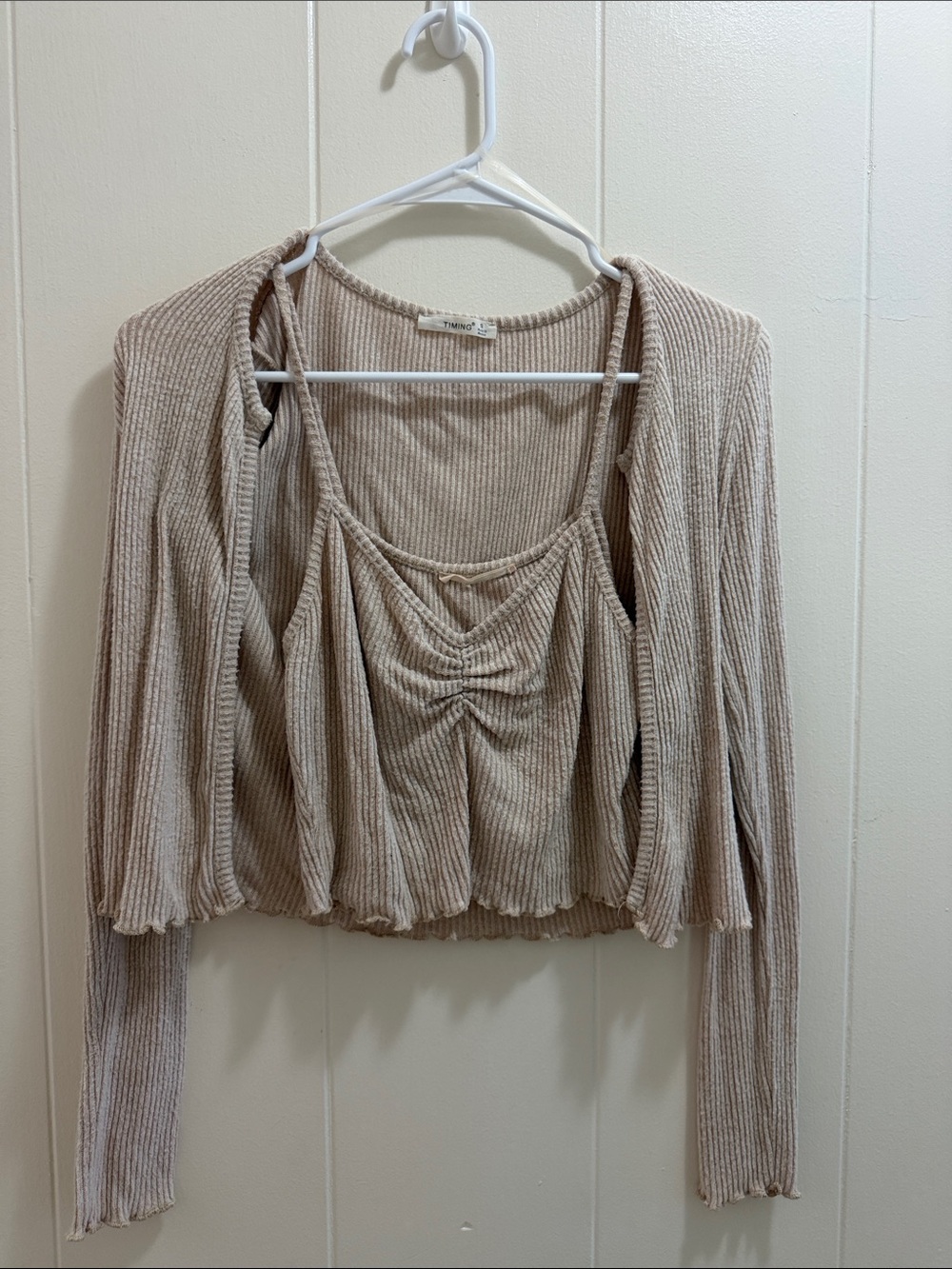 Timing Beige Ribbed Knit Tank & Cardigan Duo